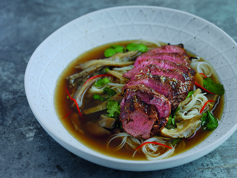 Spicy “Ramen” style venison with glass noodles, oyster mushrooms and ginger